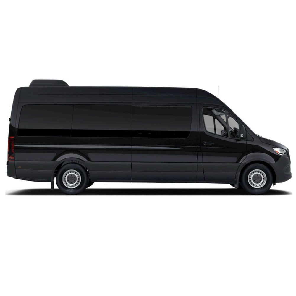 Black Mercedes Sprinter van for private group and ski transfers.