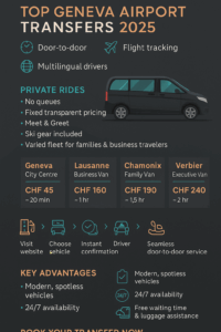 “Infographic showing Geneva Airport Transfers 2025 by Transfers Geneva Airport, highlighting private transfer benefits such as luxury Mercedes cars, transparent pricing, multilingual chauffeurs, booking steps, and popular destinations including Geneva, Lausanne, Chamonix, and Verbier.”